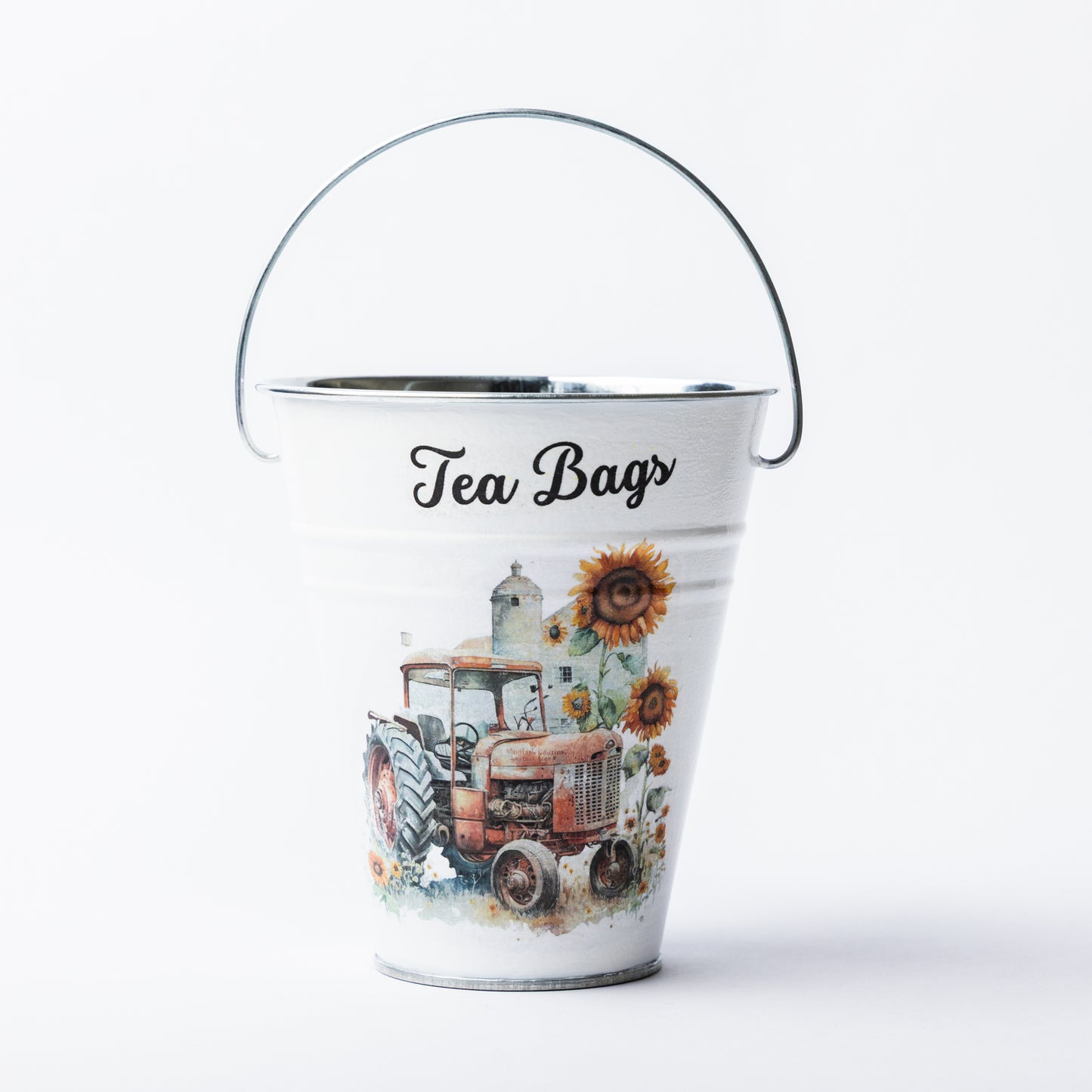 Tractor tea bag metal bucket